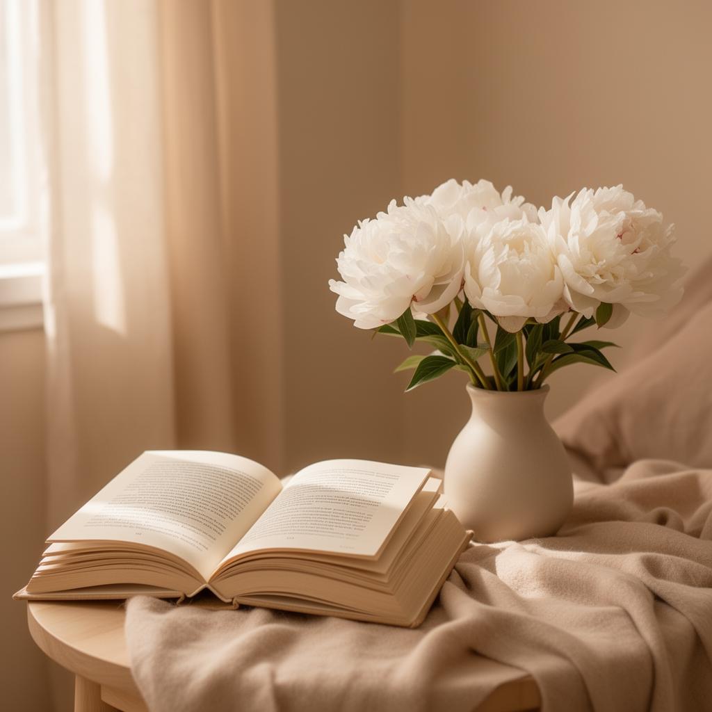 Ambiente acolhedor com livro aberto e flores